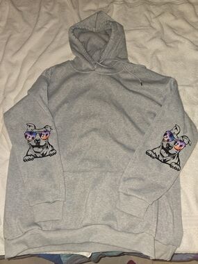 Gray Hoodie with Sunglasses Pitbull Dog Mama Graphic Size XL